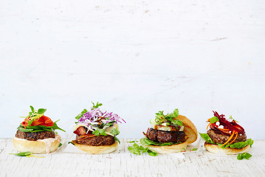 Burger toppings - Moroccan beef, Bacon cheeseburger, Pineapple beef teriyaki, Minty beef and beetroot