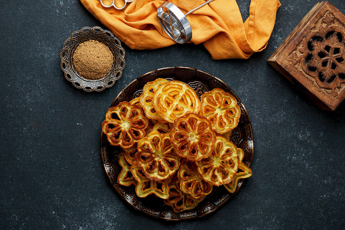 Achappam (also Achu Murukku) - deep-fried rice flour rose biscuits, India, Syria