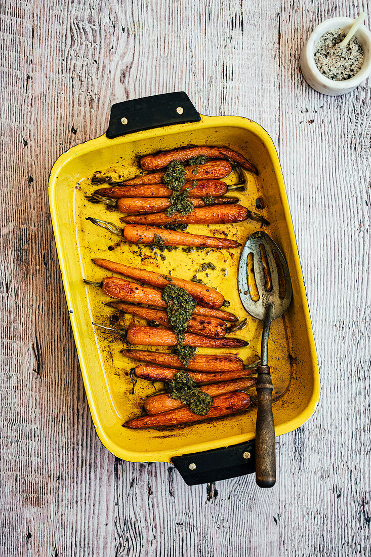 Oven Roasted Baby Carrots with Herb Harissa