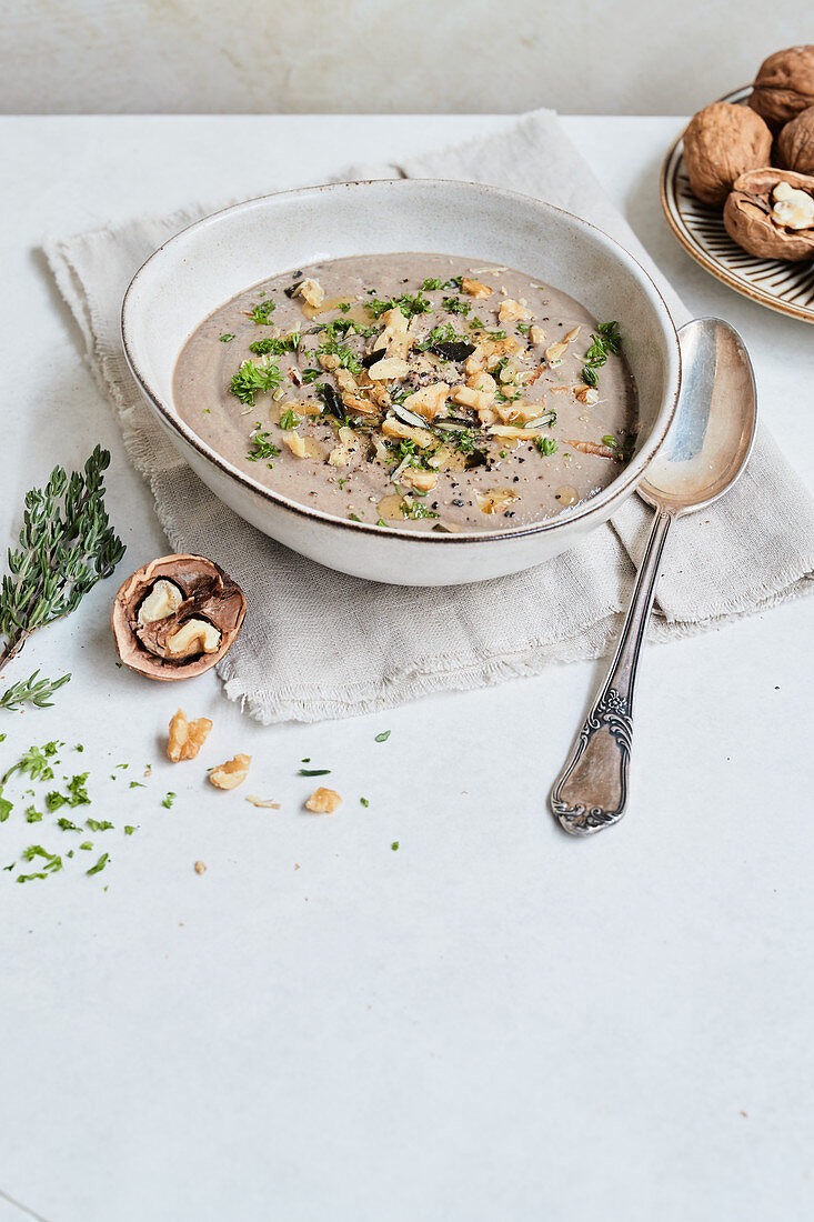 Cream of mushroom soup with chestnuts and walnuts
