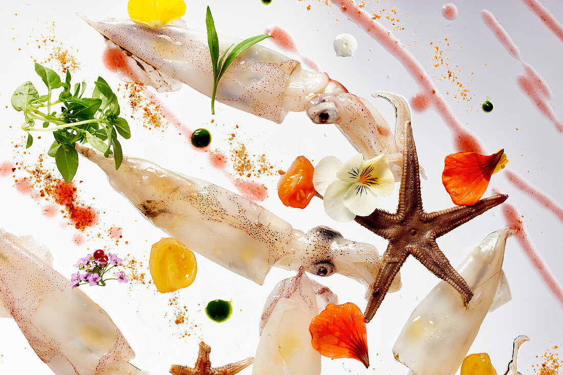 Squid with herbs and edible flowers