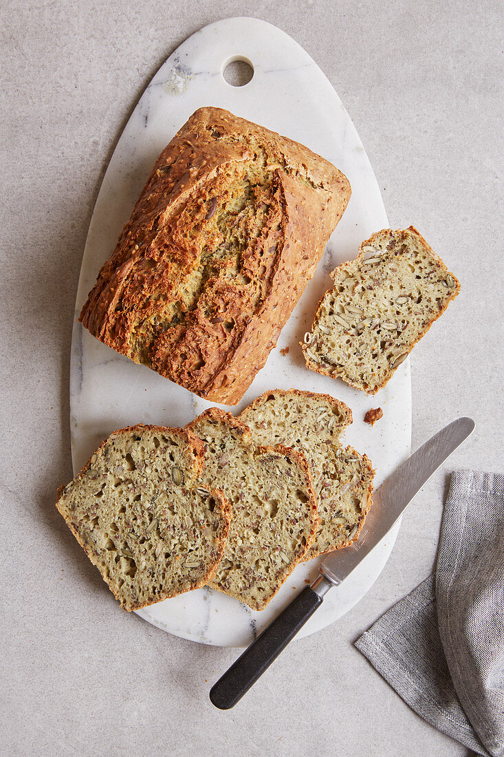 Pumpkin seed and chia bread with flax seeds and sesame seeds