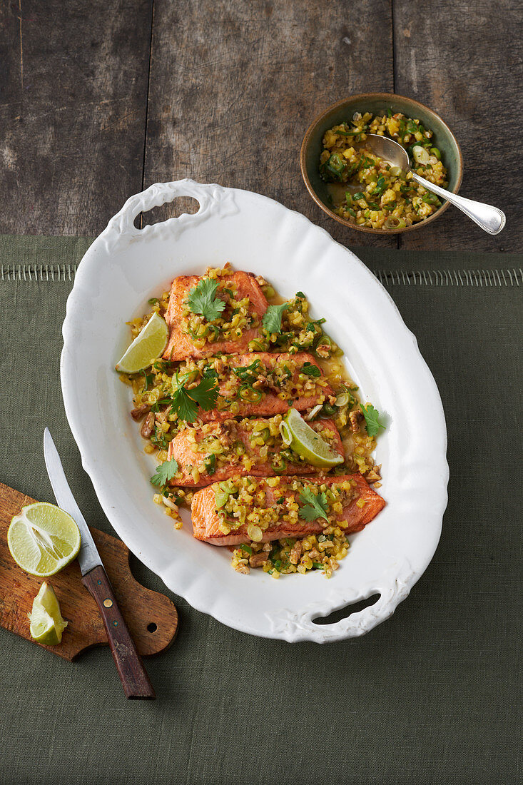 Salmon with pineapple and walnut salsa