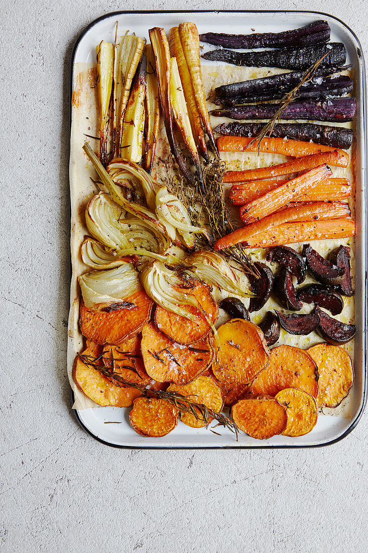 Colourful, oven-roasted root vegetables