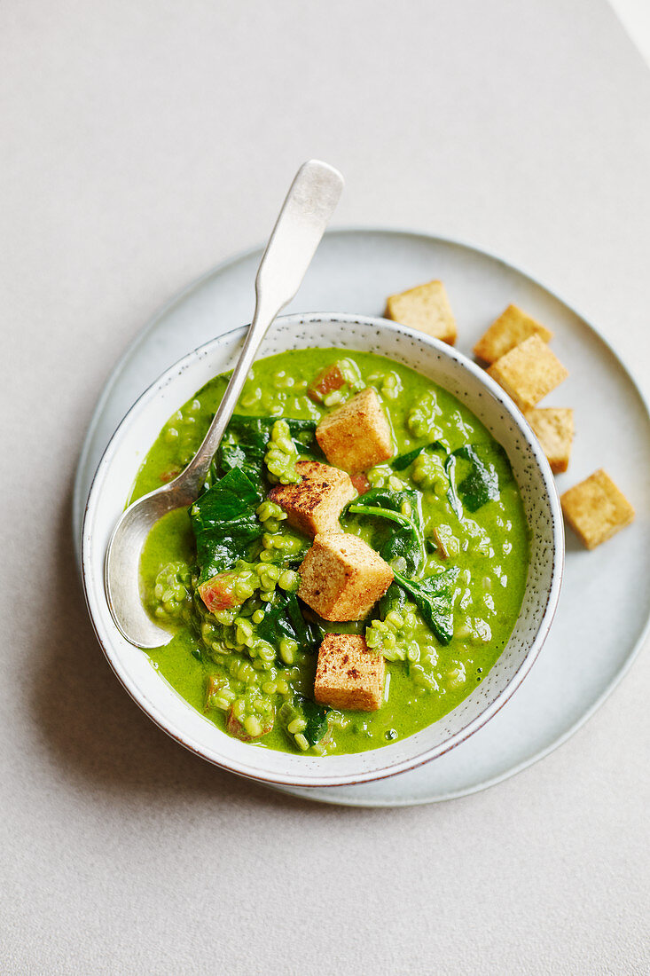 Spinach dhal with mung dhal lentils, spinach and tofu