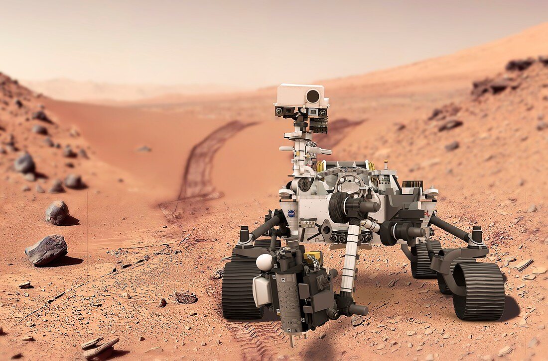Perseverance rover drilling on Mars, illustration