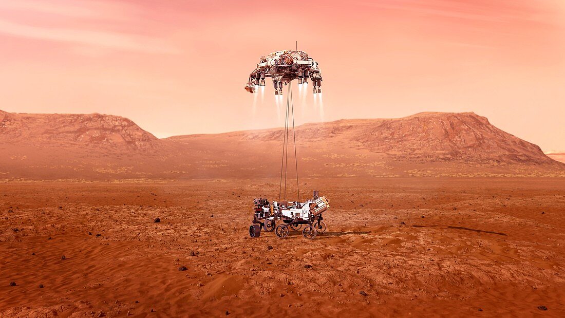 Perseverance rover landing on Mars, illustration