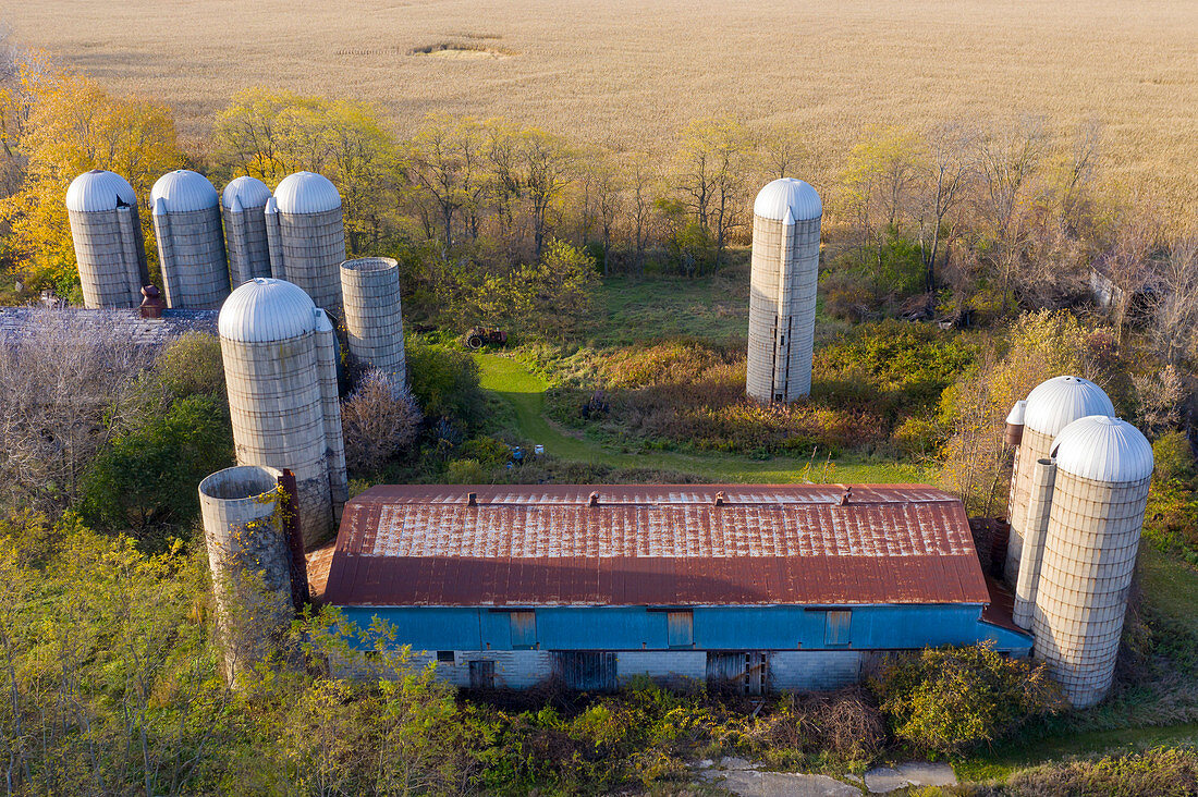 Silos on a farm, aerial photograph