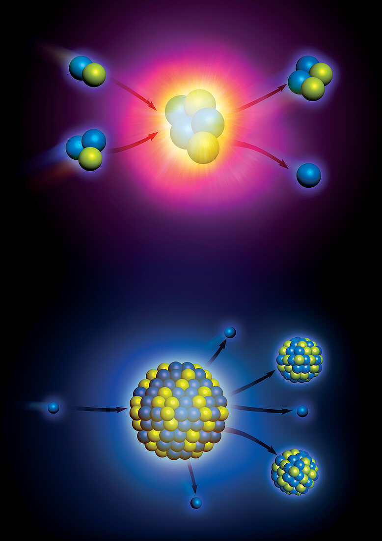 Nuclear fission and fusion, illustration