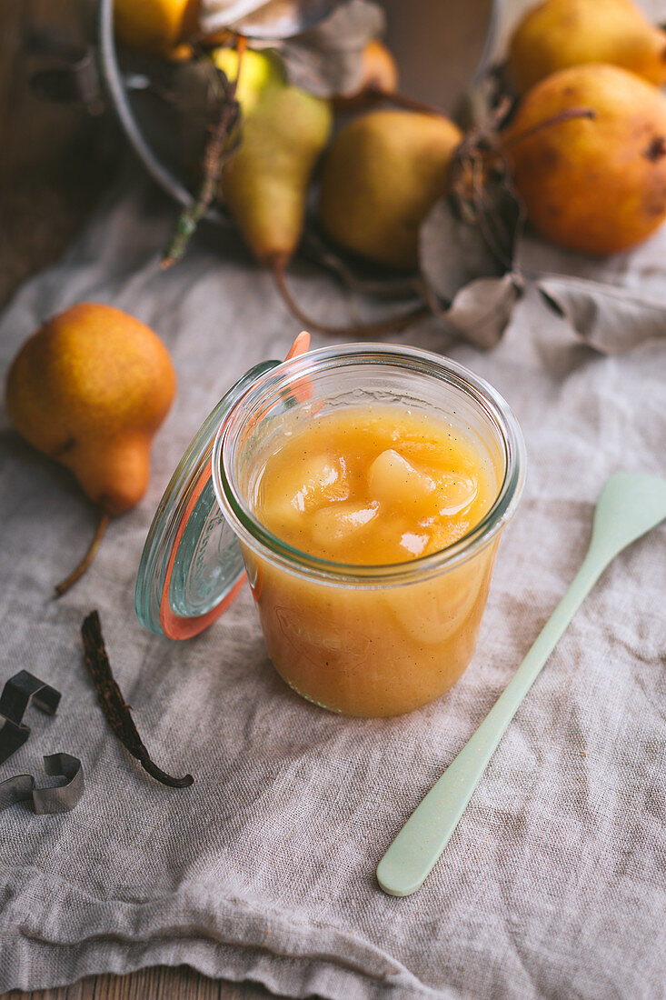 Pear jam in a mason jar