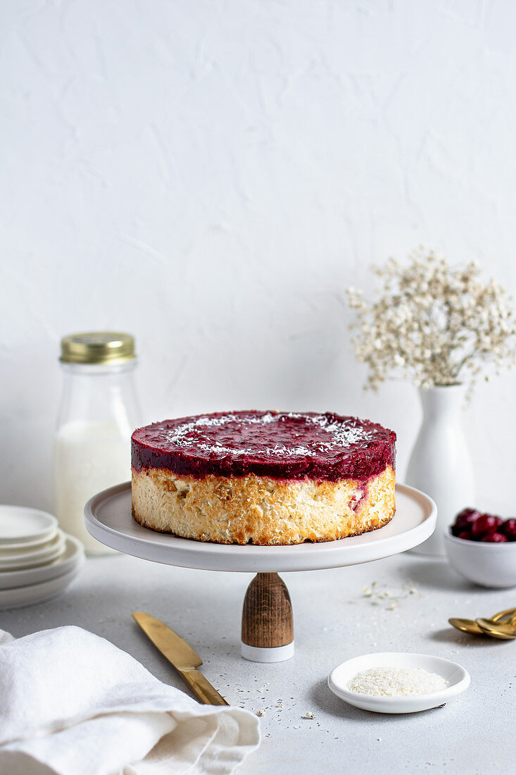 Cottage cheese pudding cake with cherries