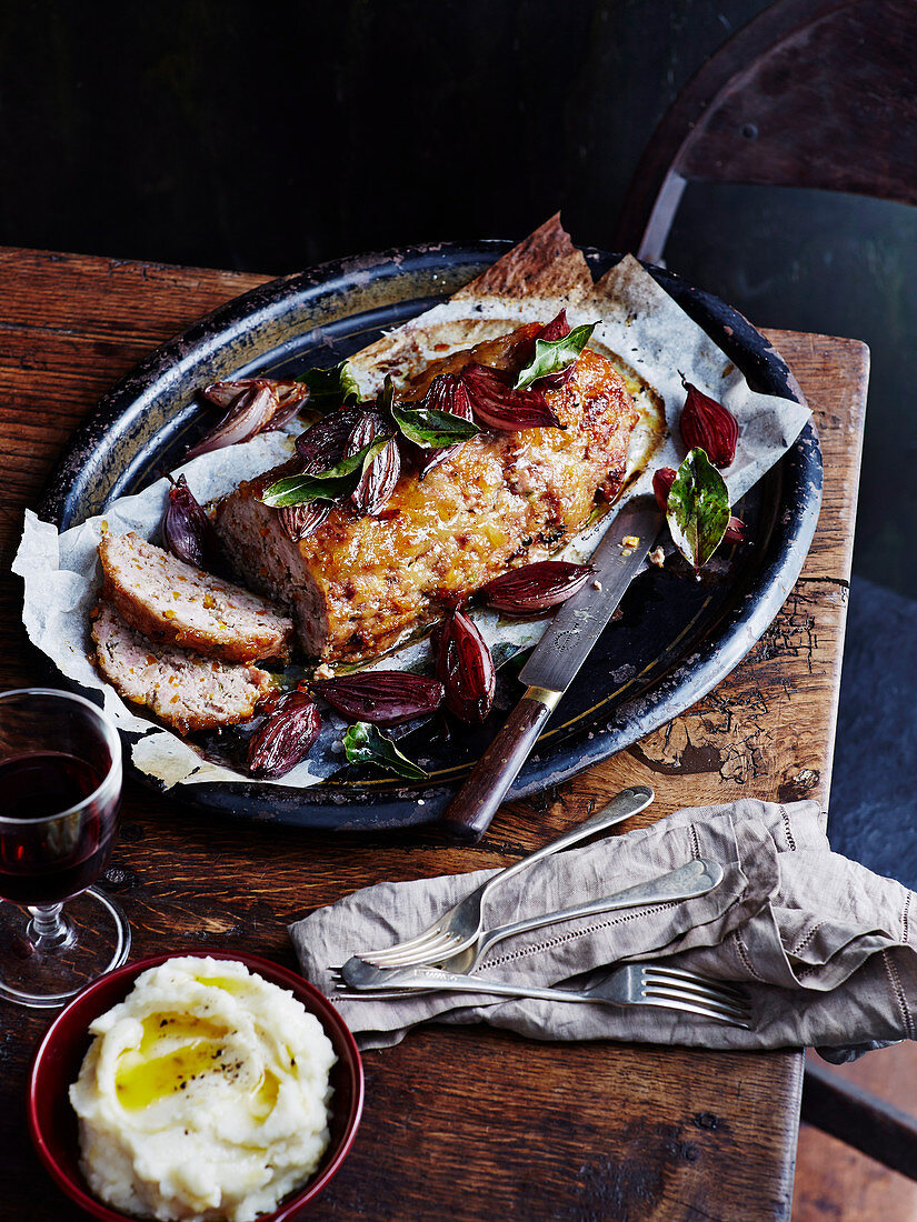 Meatloaf with fig glaze and potato mash