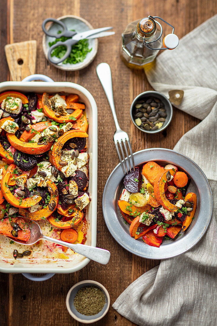 Pumpkin, sweet potatoes, carrot and beetroot baked with feta