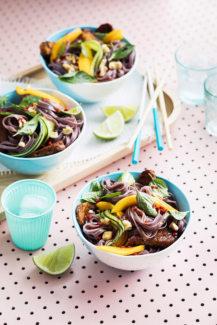 Vegan black rice noodle salad with mango and tempeh