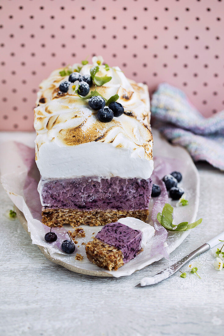 Vegan frozen no-bake blueberry and lime meringue slab