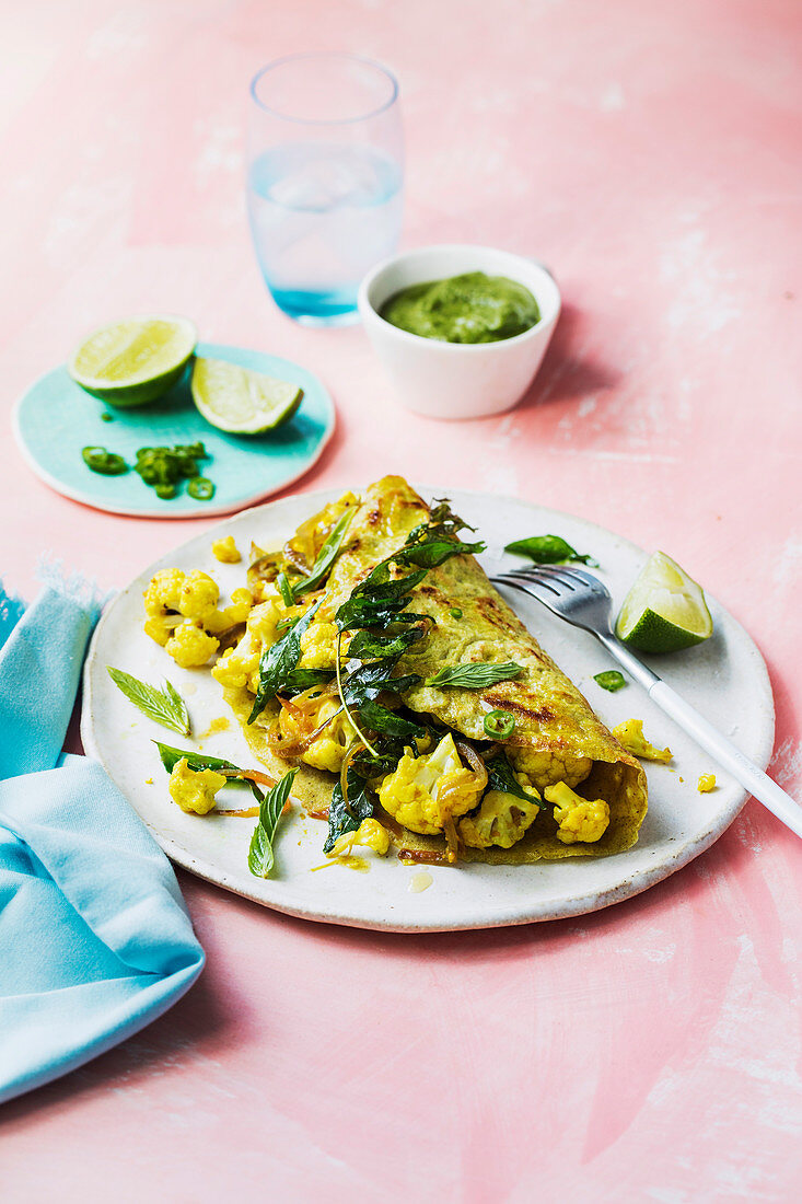 Vegan turmeric dosa with masala cauliflower