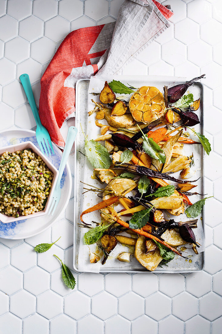 Vegan roasted root vegies with couscous