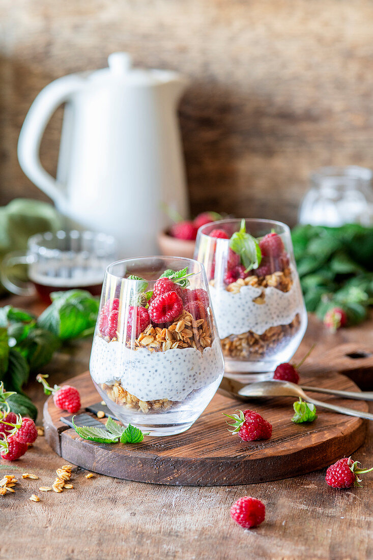 Raspberry parfait with granola and chia seeds