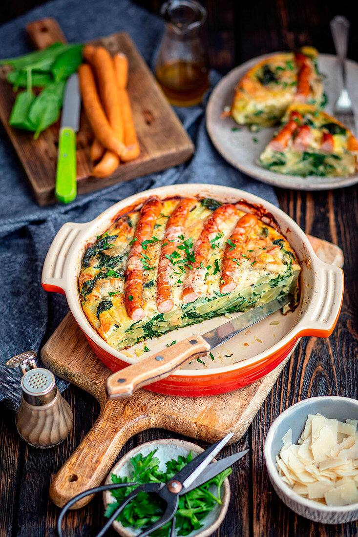 Potato tortilla with spinach and sausages