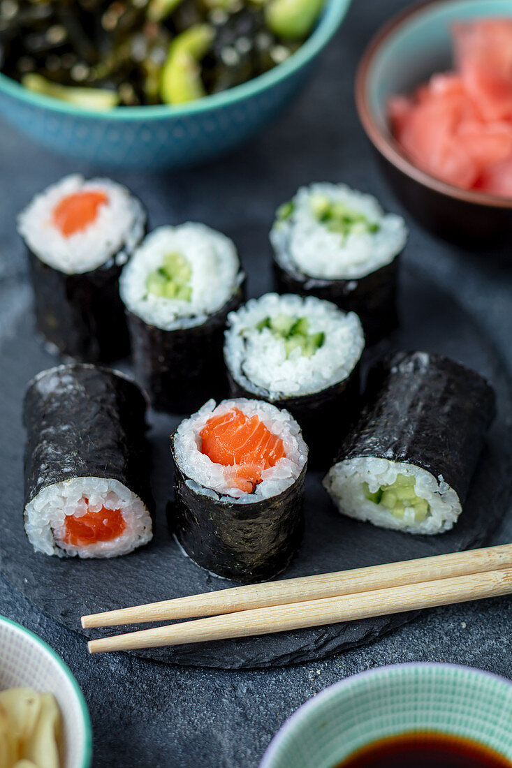 Home made sushi maki with cucumber and salmon