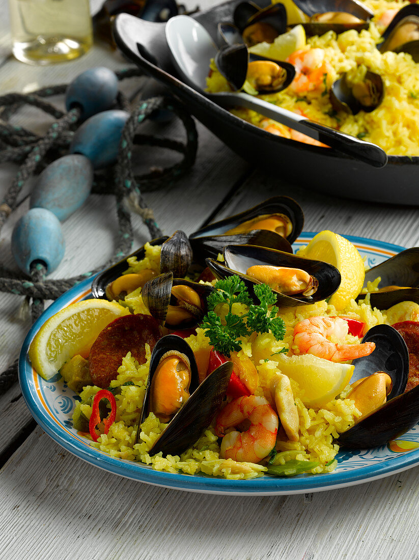 Mussel, king prawn and chorizo paella