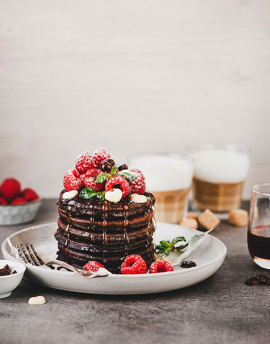 Chocolate pancakes with raspberries for Valentine's Day