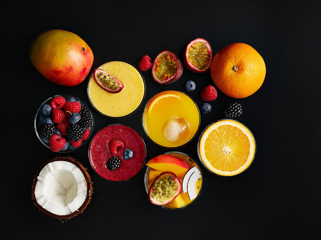 Different smoothies with fruits