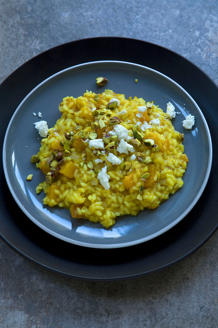 Butternut risotto with pistachio nuts and feta