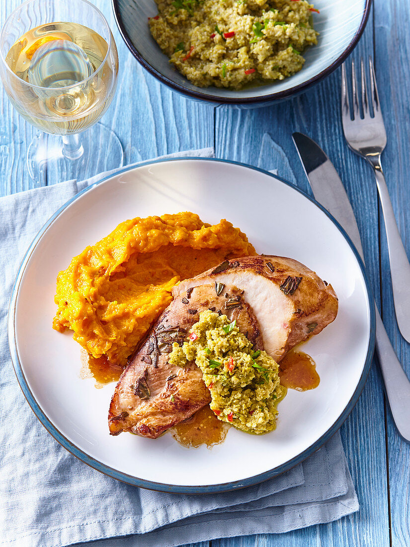 Chicken breast with olive tapenade and pumpkin mash