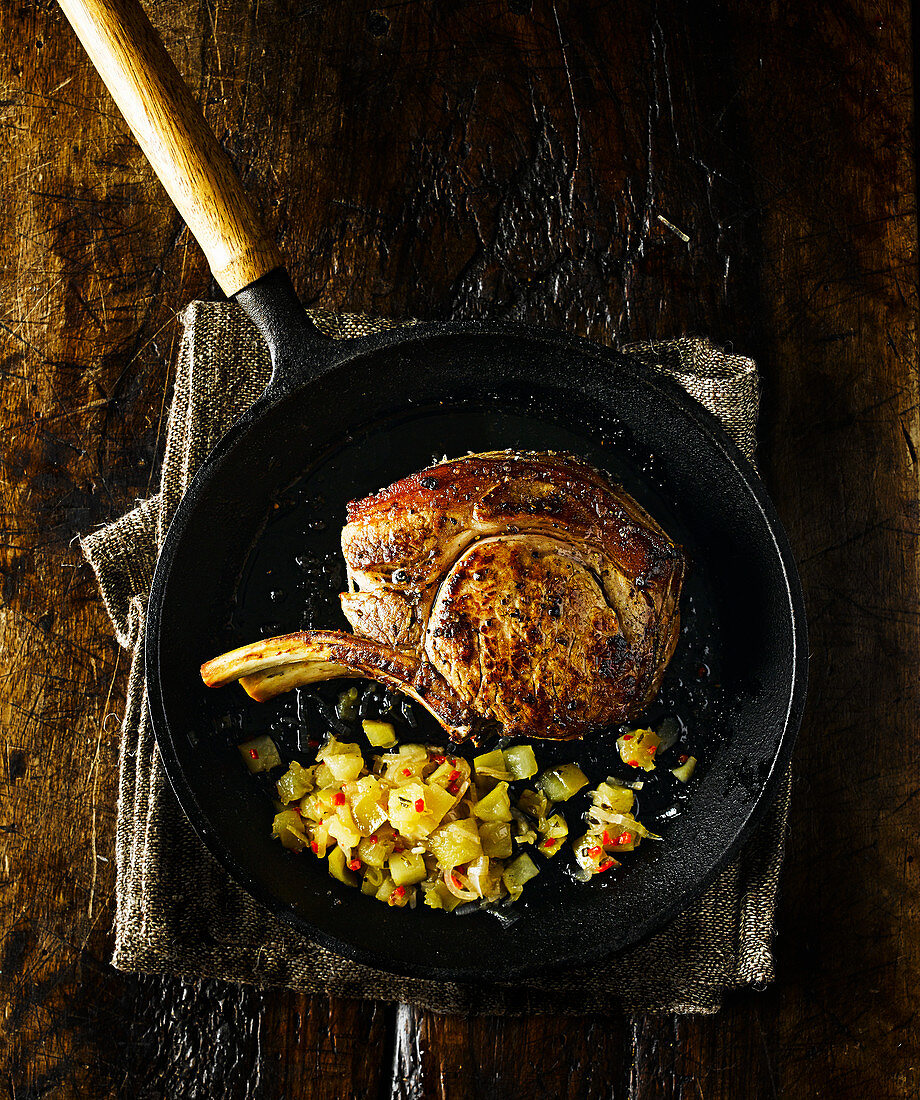 Cider cured double cut pork chop with apple and chilli relish