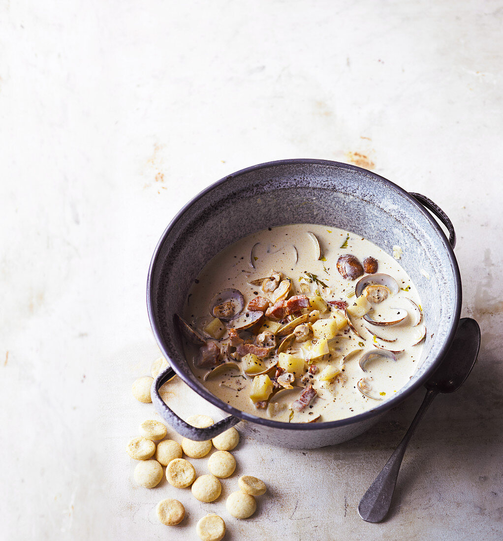 New England clam chowder with oyster crackers
