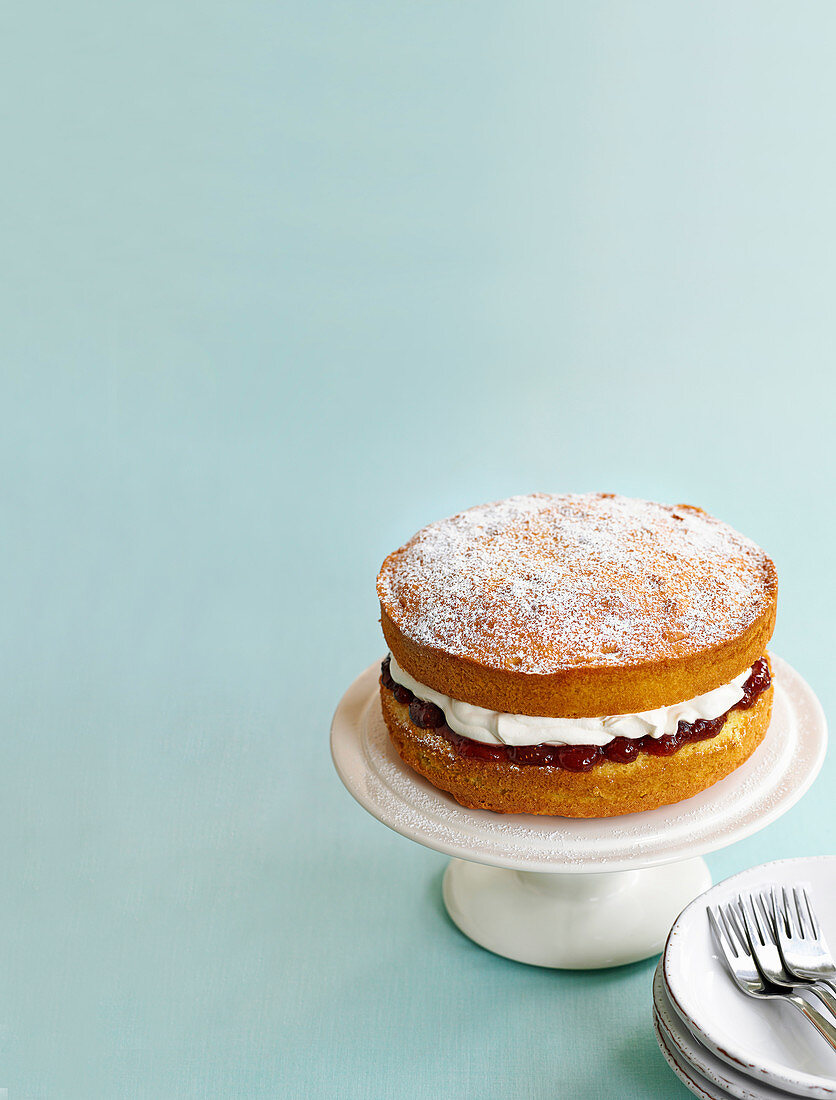 Simple sponge cake with whipped cream and jam