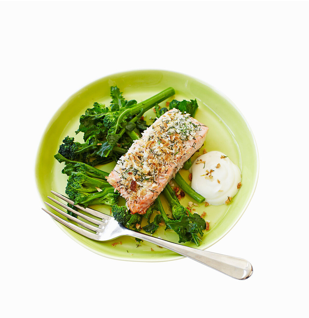 Lemon-crusted salmon with purple sprouting broccoli
