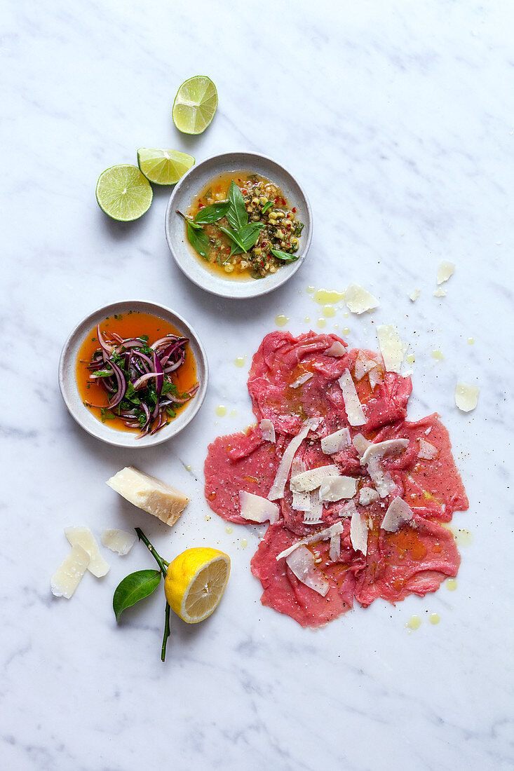 Beef carpaccio with different dressings