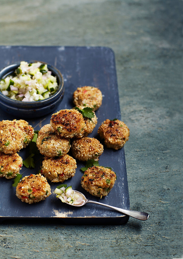 Thai style fishcakes with sweet and sour cucmber pickle