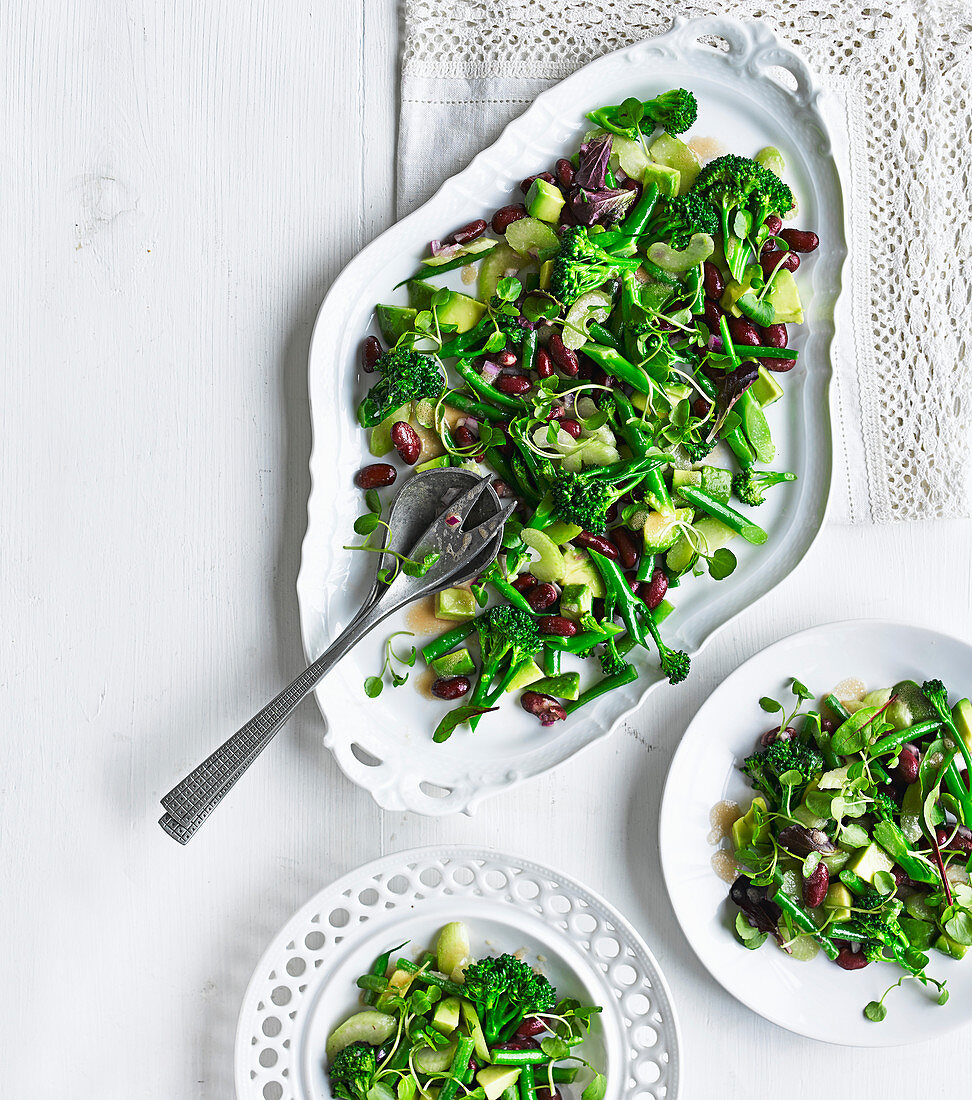 Green bean salad with avocado, broccoli and watercress