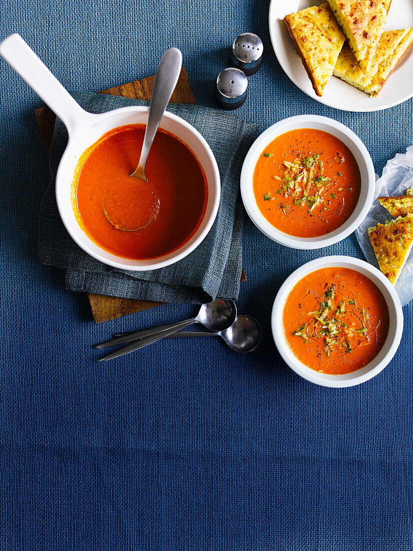 Winter tomato soup with quick spring onion cornbread