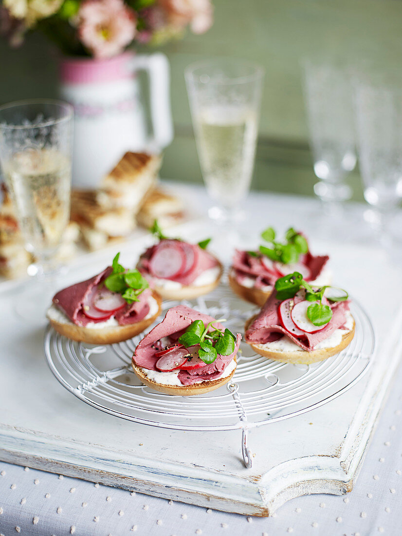 Mini salt beef bagels with pastrami