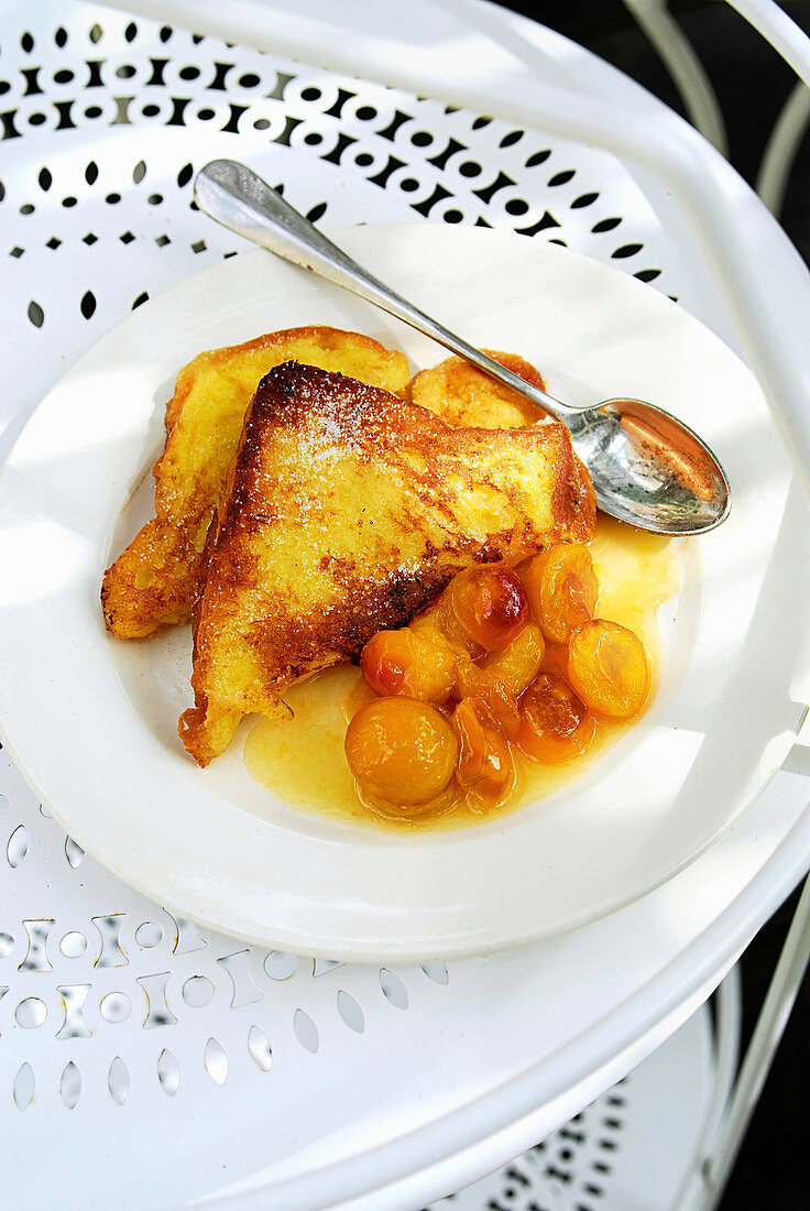 Lemon french toast with poached plums