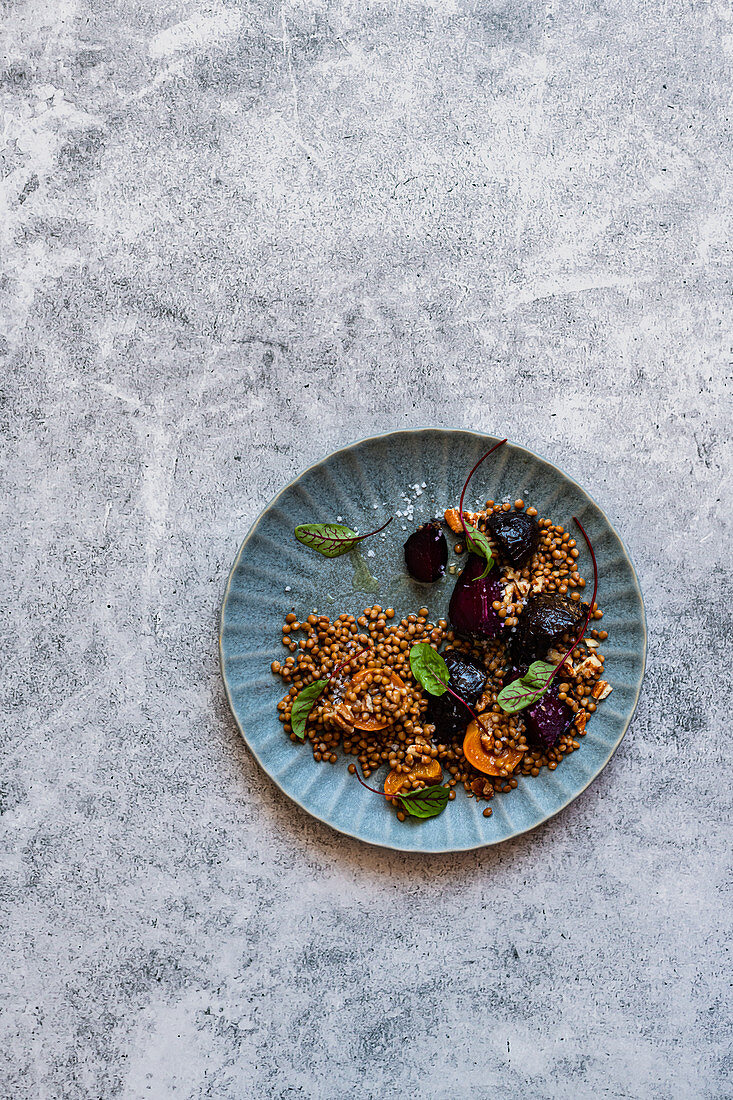 Beetroot and lentil salad with pickled apricots