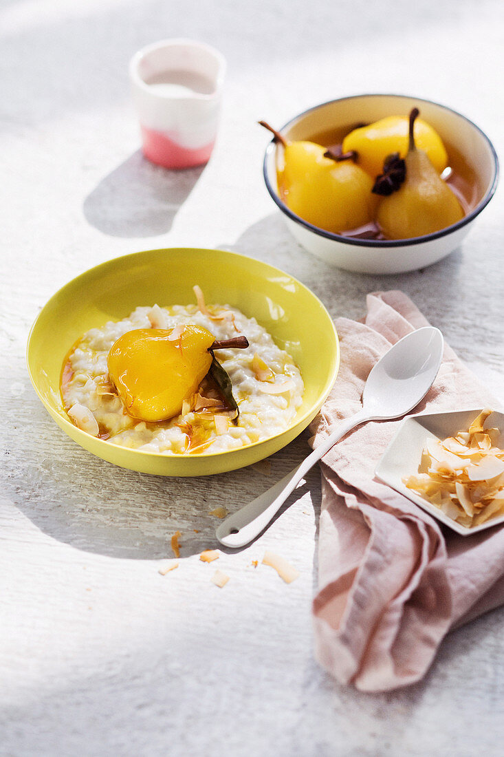 Spiced coconut rice pudding with saffron pears