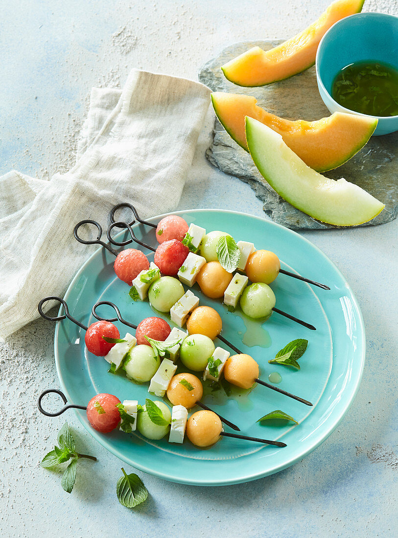 Melon ball skewers with feta