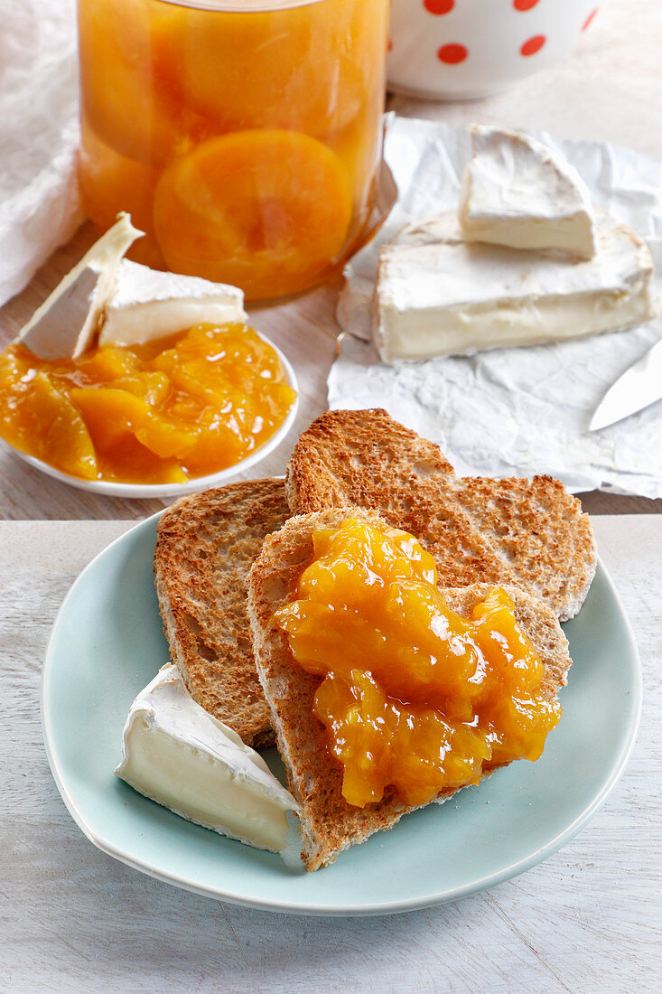 Peach jam on a heart-shaped toast