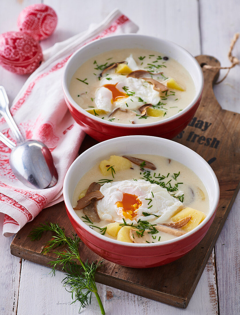 Dill soup with poached eggs