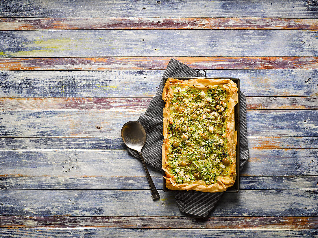 Courgette feta and olive filo pastry tart