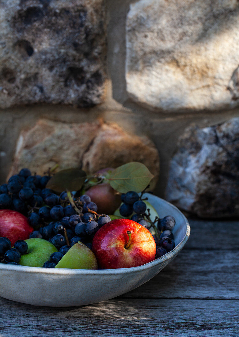 Bowl of apples with leaves and concord grapes, outside with a stone surface behind