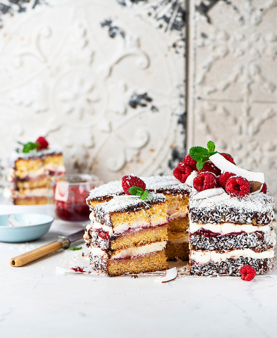 Lamington cake with raspberries