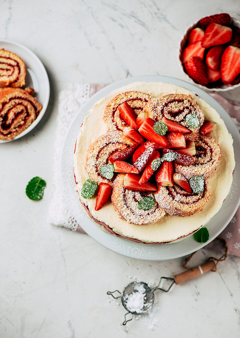 Strawberry quark cake with Swiss roll