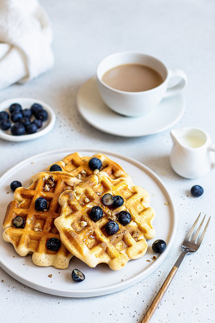 Belgian waffles with blueberries for coffee