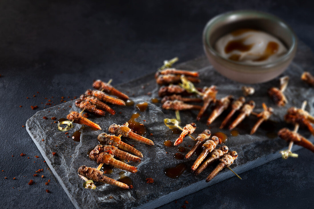 Spicy grasshoppers on a skewer with chilli flakes and dip